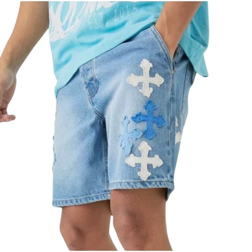 BoohooMan 36 NEW Slim Rigid Applique Jean Shorts In Light Blue Streetwear